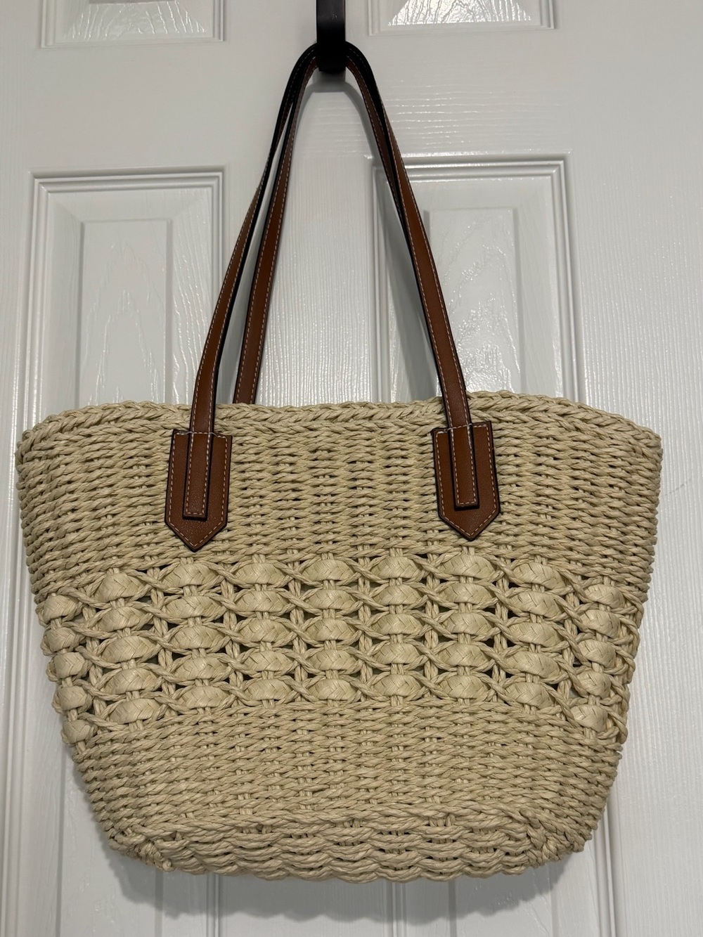 Woven Straw Tote Bag with Brown Handles